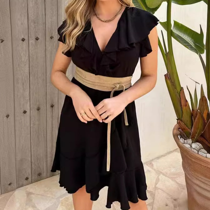 RuffleGrace - Elegant V-Neck Waist Tie Dress