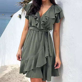 RuffleGrace - Elegant V-Neck Waist Tie Dress