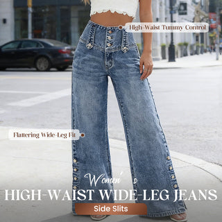 WideMuse – Retro Button Stretch Denim Wide-Leg Jeans
