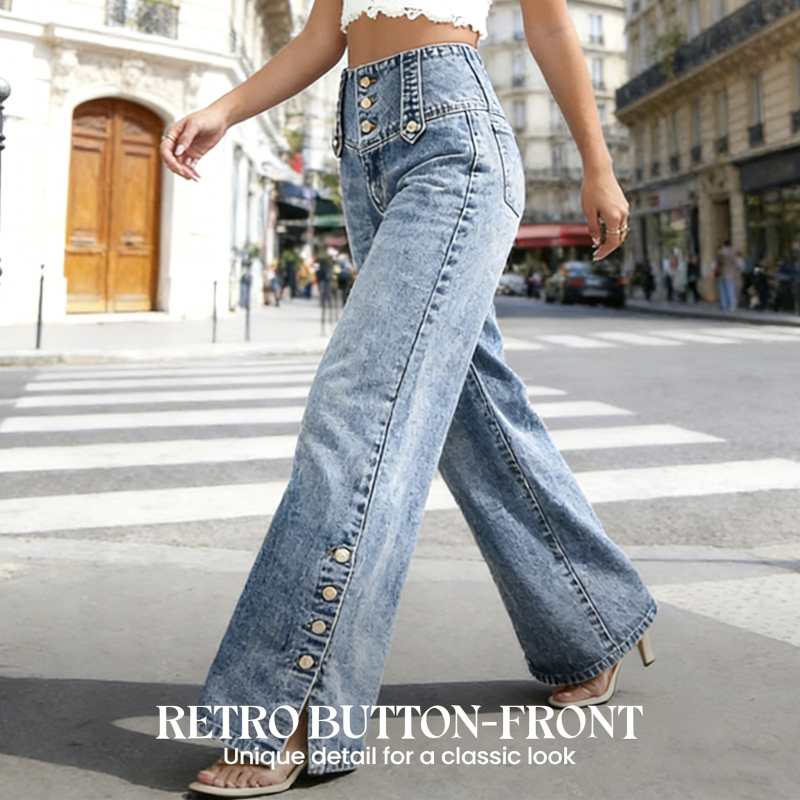WideMuse – Retro Button Stretch Denim Wide-Leg Jeans