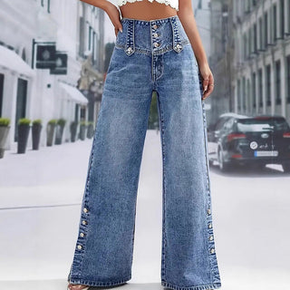 WideMuse – Retro Button Stretch Denim Wide-Leg Jeans