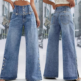 WideMuse – Retro Button Stretch Denim Wide-Leg Jeans