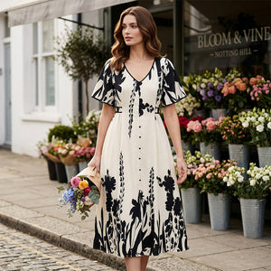 FloraVibe – Elegant Plant-Print V-Neck Midi Dress