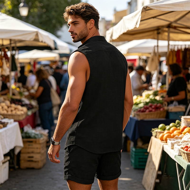 BreezeMode – Textured Button-Down Mens Shorts Set