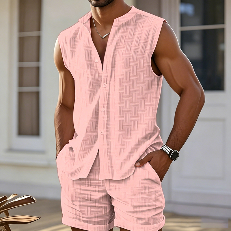 BreezeMode – Textured Button-Down Mens Shorts Set