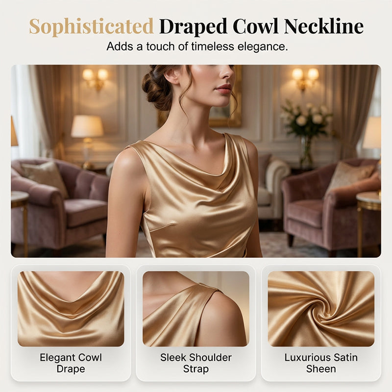 BelleAura – Elegant Sleeveless Cowl Neck Midi Dress