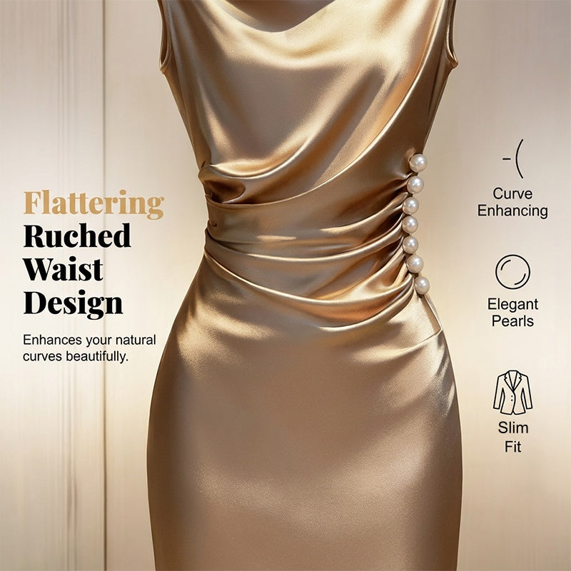 BelleAura – Elegant Sleeveless Cowl Neck Midi Dress