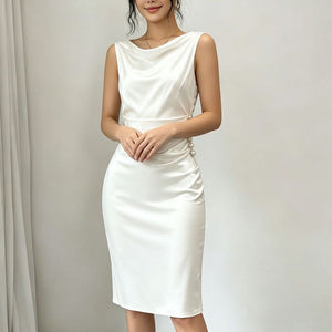 BelleAura – Elegant Sleeveless Cowl Neck Midi Dress