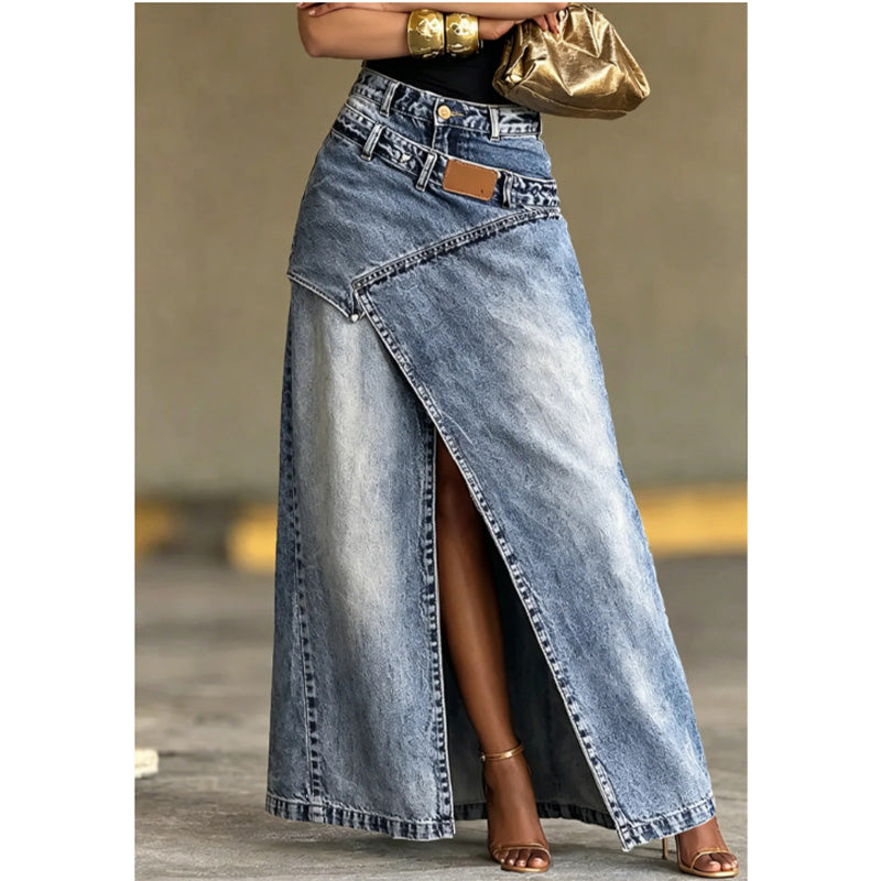 StyleFlow – Vintage Wash Layered Denim Maxi Skirt