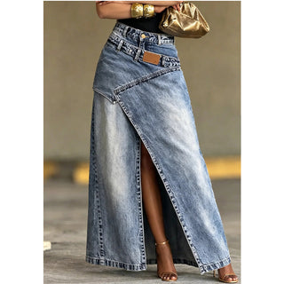 StyleFlow – Vintage Wash Layered Denim Maxi Skirt