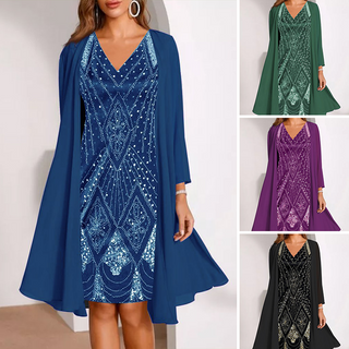 GraceLuxe – Elegant V-Neck Dress & Sheer Jacket Set