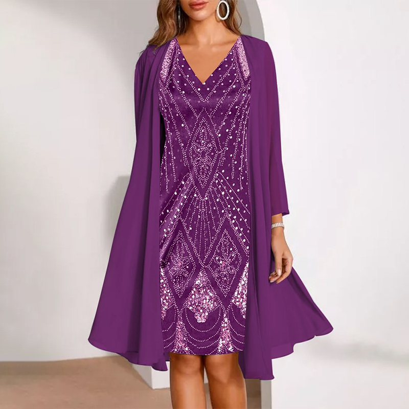 GraceLuxe – Elegant V-Neck Dress & Sheer Jacket Set