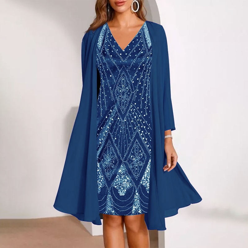 GraceLuxe – Elegant V-Neck Dress & Sheer Jacket Set