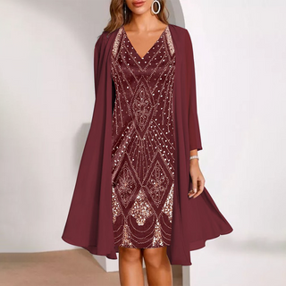 GraceLuxe – Elegant V-Neck Dress & Sheer Jacket Set