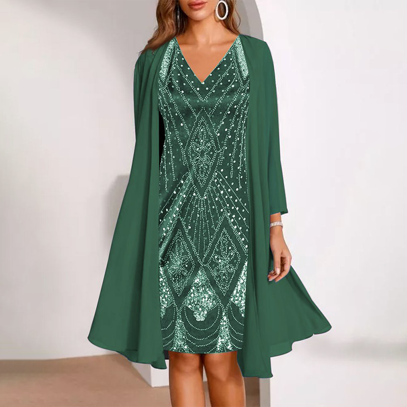 GraceLuxe – Elegant V-Neck Dress & Sheer Jacket Set
