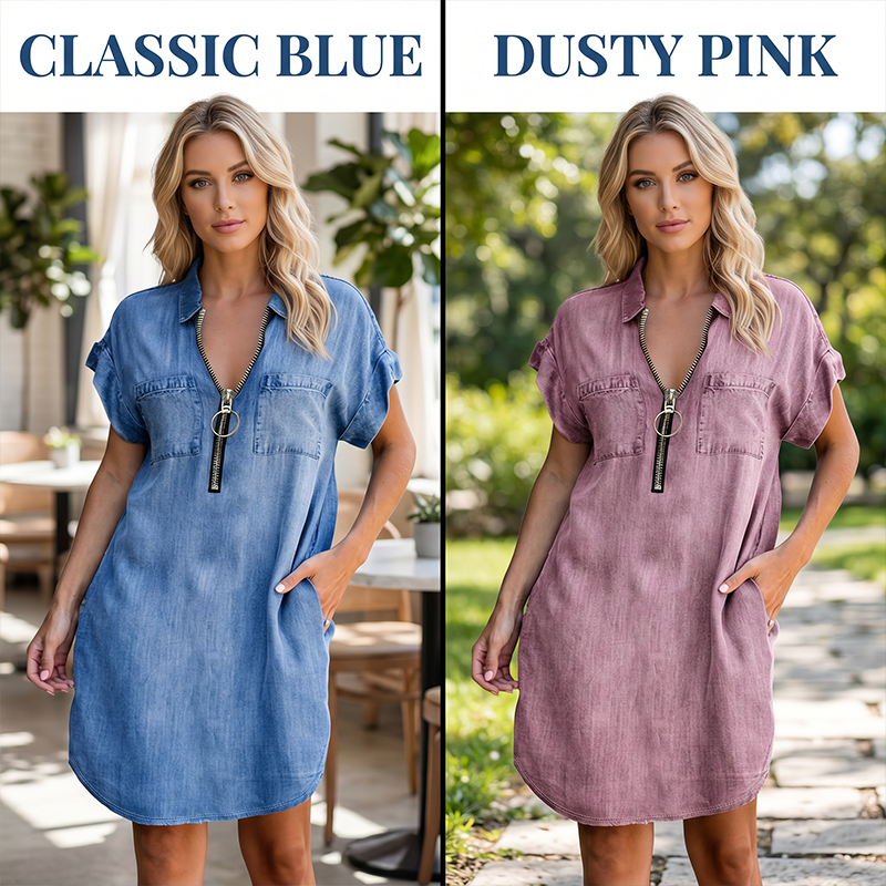 DenimFlow – Relaxed Short-Sleeve Shirt Dress