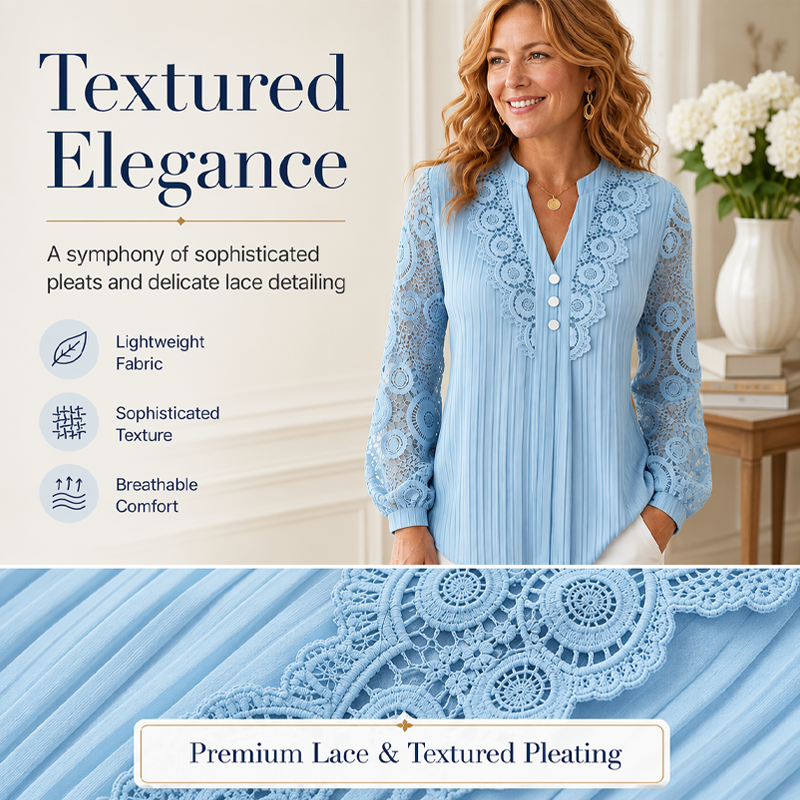 LaceLuxe – Elegant Lace Patchwork V-Neck Blouse