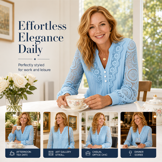 LaceLuxe – Elegant Lace Patchwork V-Neck Blouse