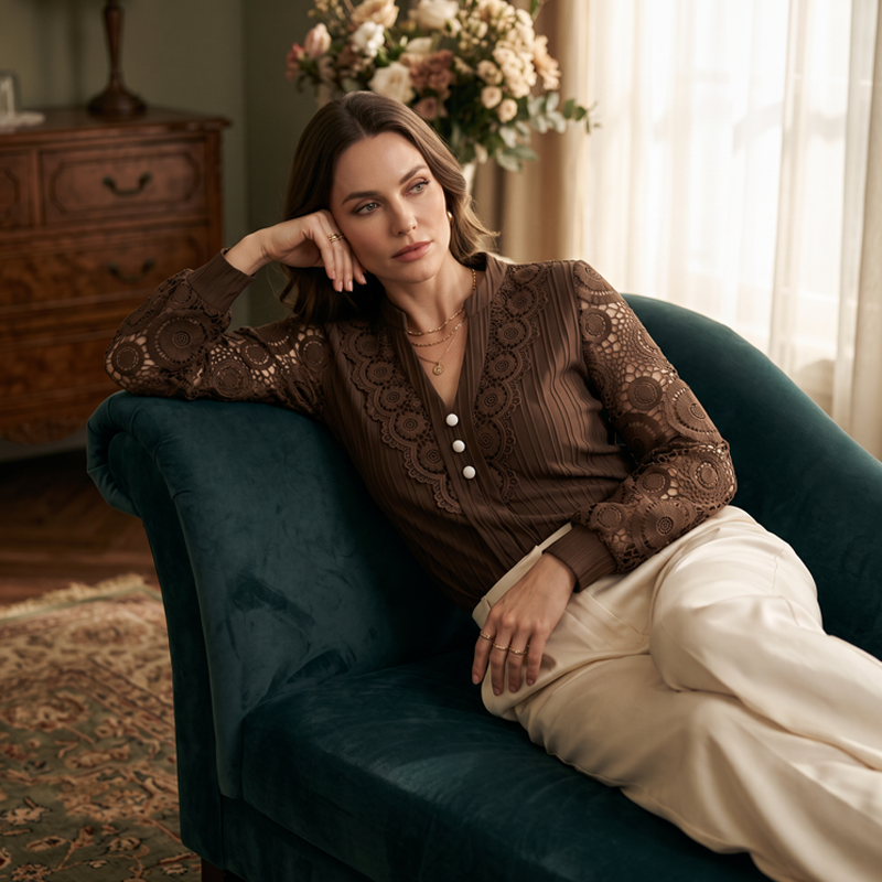 LaceLuxe – Elegant Lace Patchwork V-Neck Blouse