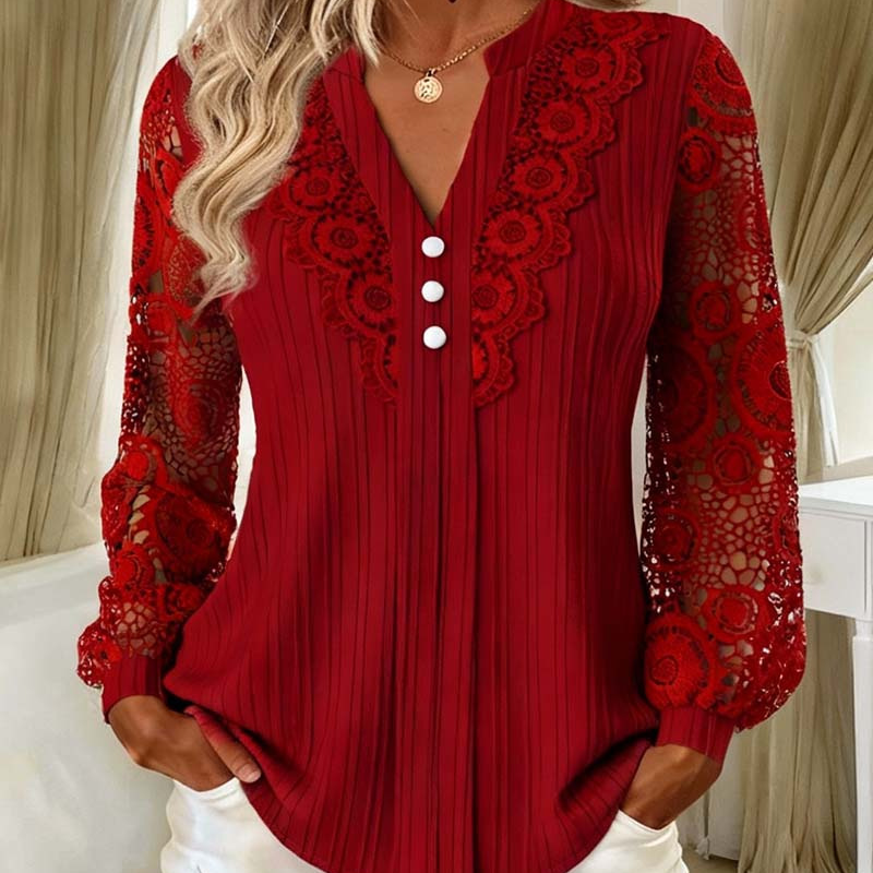 LaceLuxe – Elegant Lace Patchwork V-Neck Blouse
