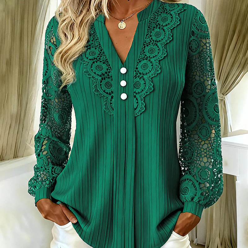 LaceLuxe – Elegant Lace Patchwork V-Neck Blouse
