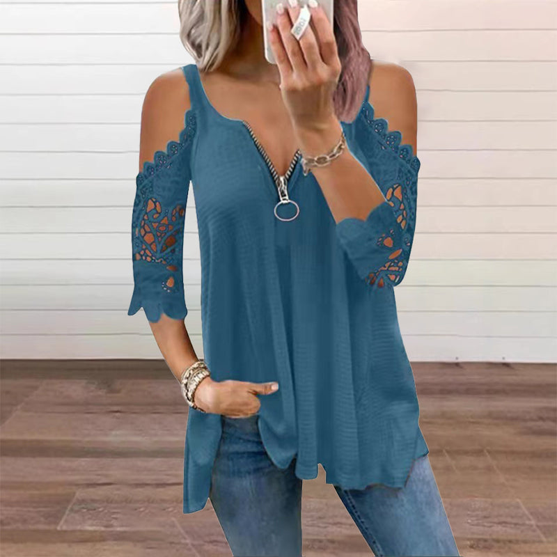 GraceVibe – Elegant Zipper Cold Shoulder Top