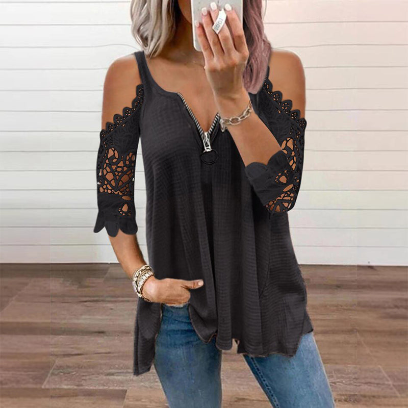 GraceVibe – Elegant Zipper Cold Shoulder Top
