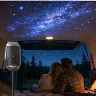 Couple relaxing under a dreamy star glow projected by the StarVeil AuraDrift Light, celestial ambient light for relaxation and sleep