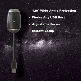 StarVeil AuraDrift Light feature infographic showing 120 degree wide angle projection, USB powered, adjustable focus and instant setup