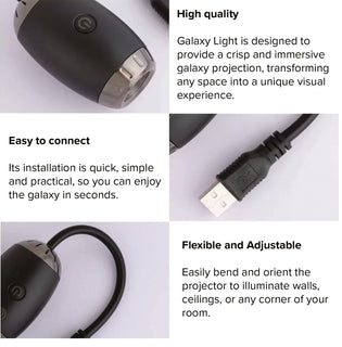 StarVeil AuraDrift Light feature highlights showing high quality star projection, easy USB connection and flexible adjustable neck for any room