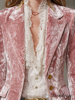LuxeRetro – Pink Velvet Gold Button Blazer