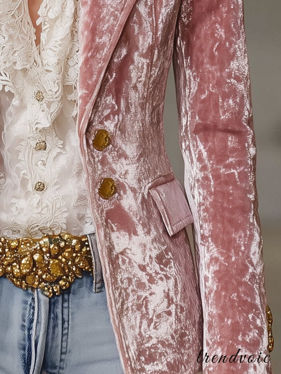 LuxeRetro – Pink Velvet Gold Button Blazer