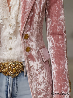 LuxeRetro – Pink Velvet Gold Button Blazer