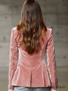 LuxeRetro – Pink Velvet Gold Button Blazer