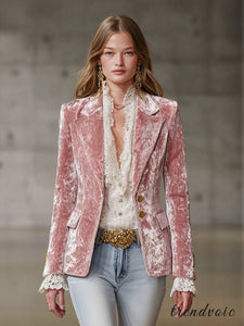 LuxeRetro – Pink Velvet Gold Button Blazer