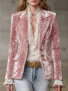 LuxeRetro – Pink Velvet Gold Button Blazer