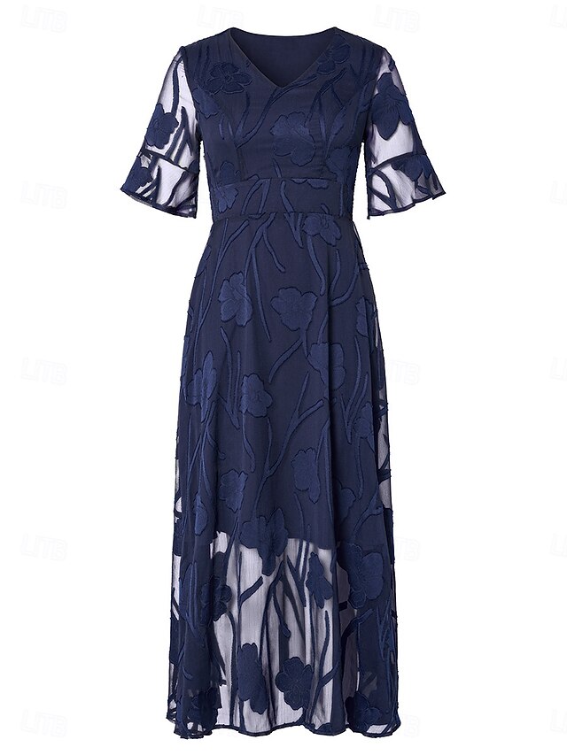 Women's Maxi Dress Semi Formal Dress A Line Dress Elegant Work Birthday Flutter Sleeve Wedding Guest Cocktail Party Formal Evening Regular Fit Solid Color Plain Half Sleeve V Neck Black Pink Red Green